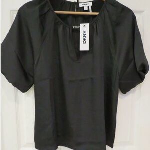 DKNY Logo BLACK Satin Blouse Baloon Sleeve 2X